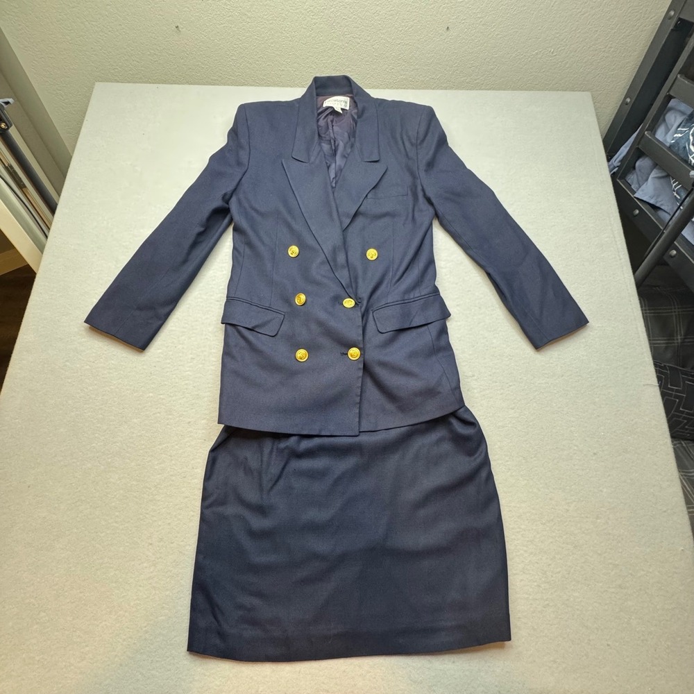 Liz Claiborne Navy‎ Skirt Suit Set Double Breasted Gold Buttons Size 10 Vintage